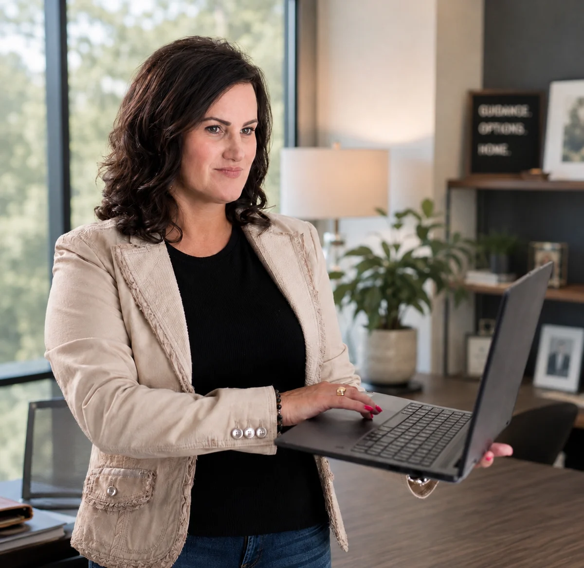 Dawn Futch reviewing a loan file at her desk in Montgomery, Texas